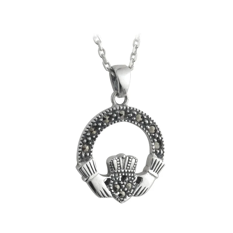 Custom engraved coin necklaces for unique designs-Sterling Silver Marcasite Small Claddagh Necklace