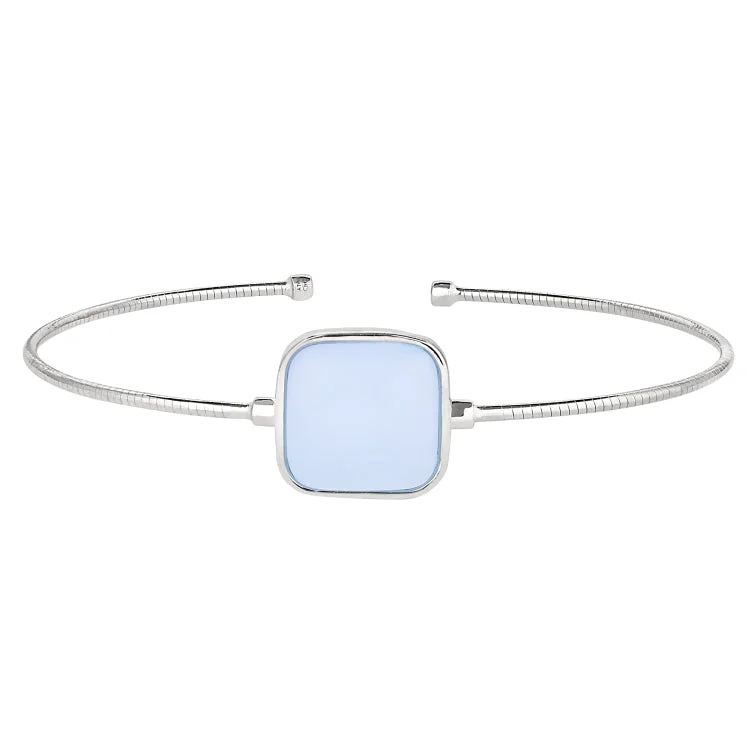 Custom quote bracelets for meaningful designs-Rhodium Finish Sterling Silver Rounded Omega Cable Cuff Bracelet with a Square Aqua Marine Murano Glass Stone