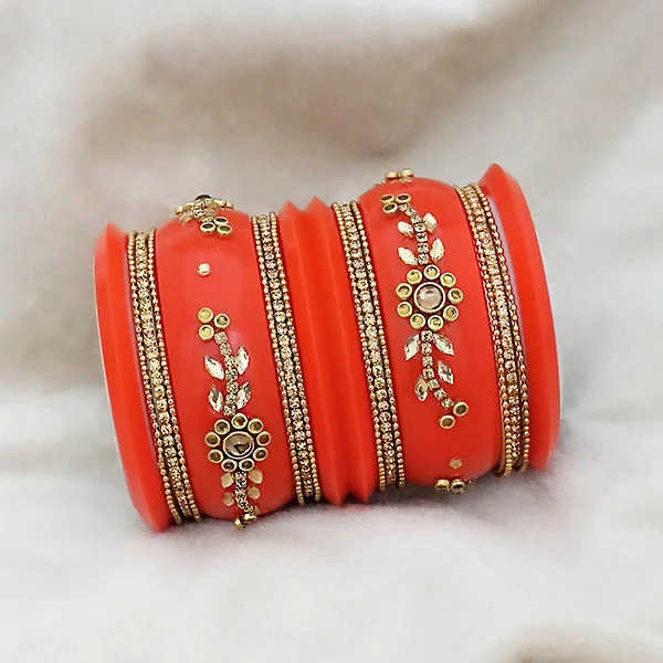 Matching gold bangle sets for a coordinated look-Sejal Orange Color Austrian Stone Bangle Set  - 1403760C