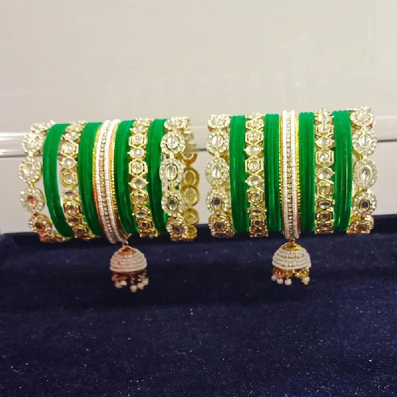 Vintage gold bangles for antique charm-Pooja Bangles Gold Plated Kundan Stone And Pearls Velvet Bangles Set