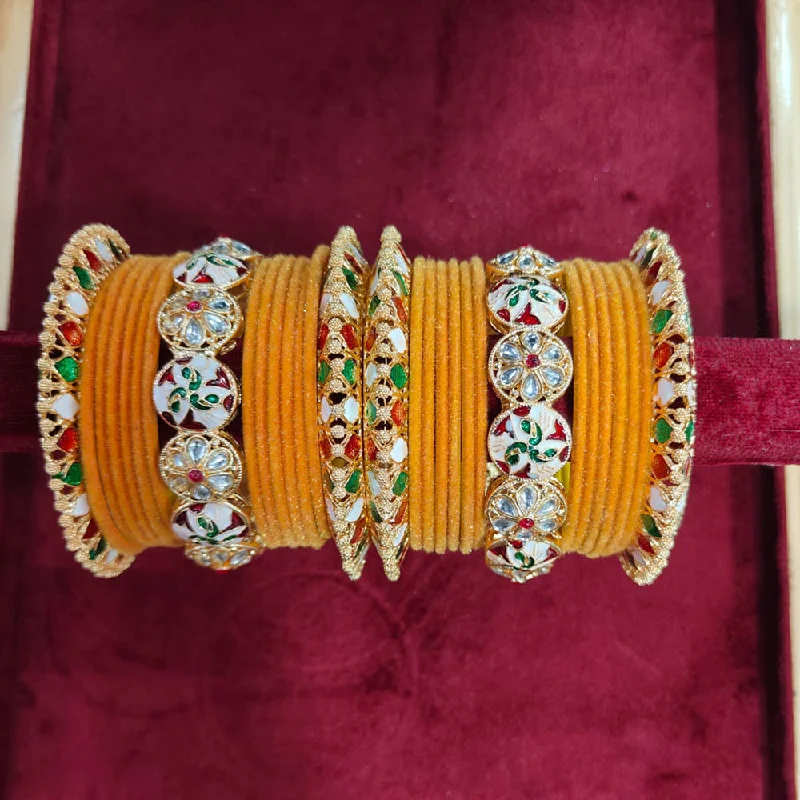 Custom engraved cuff bangles for unique fashion-Pooja Bangles Gold Plated Kundan Stone And Velvet Bangles Set