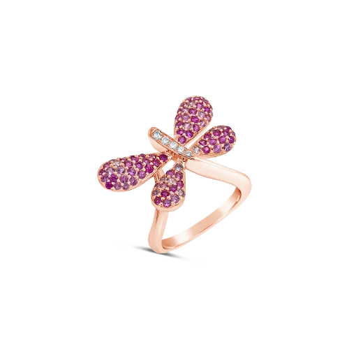 Custom birthstone stack rings for family connections-Pink Sapphire & Diamond Dragonfly Ring