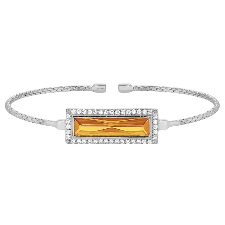 Beaded bracelets for bohemian chic-Rhodium Finish Sterling Silver Cable Cuff Bracelet with Rectangular Simulated Citrine Stone and Simulated Diamonds