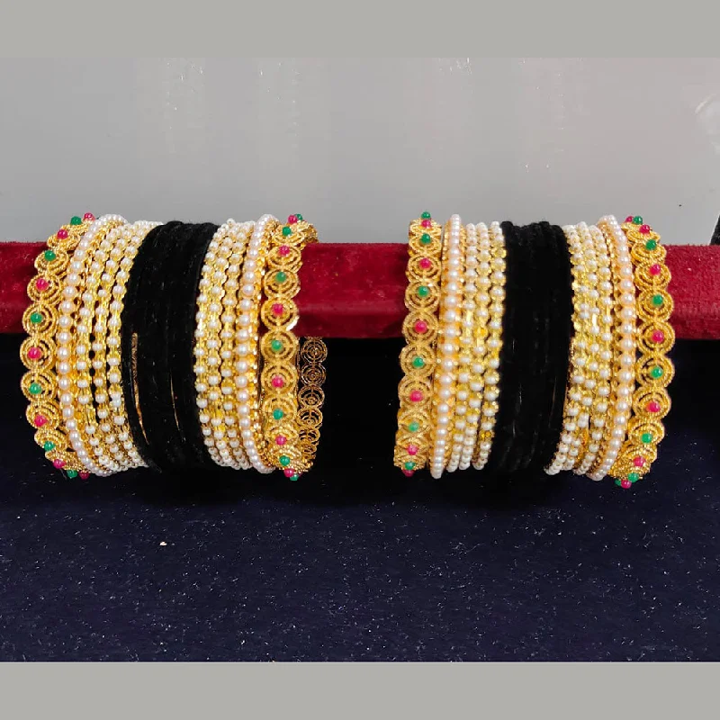 Handmade beaded bangles for artisanal charm-Pooja Bangles Gold Plated Pearls Velvet Bangles Set