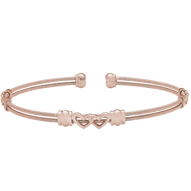 Classic silver link bracelets for everyday wear-Rose Gold Finish Sterling Silver Two Cable Cuff Bracelet with Two Linked Hearts