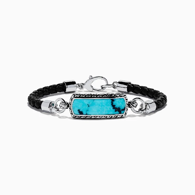 Custom photo bracelets for sentimental jewelry-Men's Sterling Silver and Leather Turquoise Bracelet, 5.40 TCW