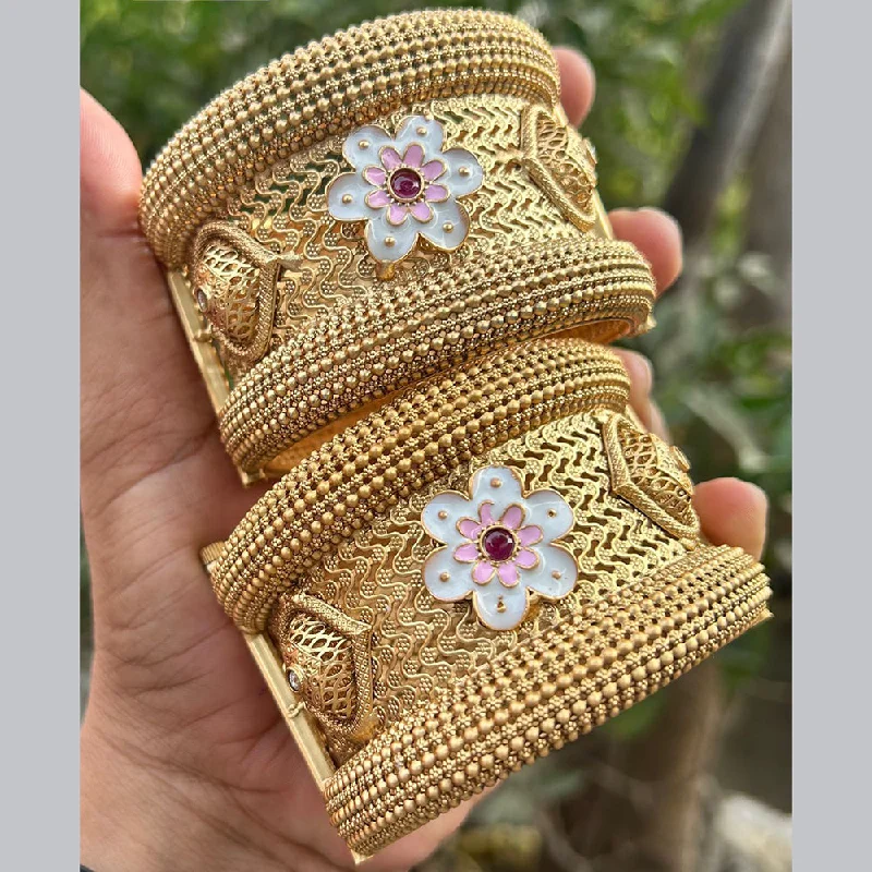 Custom engraved cuff bangles for unique fashion-Neetu Art Gold Plated Pota Stone Meenakari Openable Bangles Set