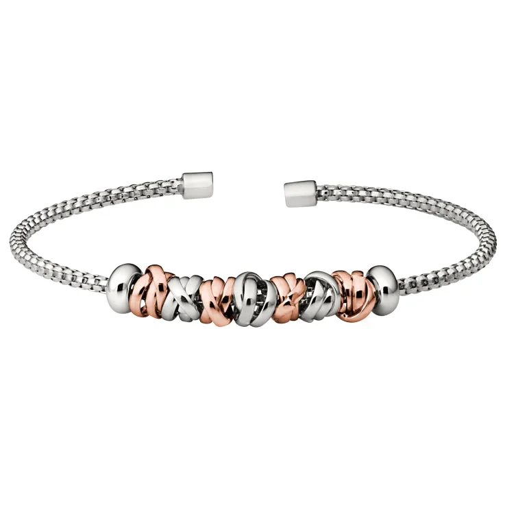 Friendship bracelets for meaningful connections-Rhodium Finish Sterling Silver Rounded Box Link Cuff Bracelet with Interlocked Rhodium and Rose Gold Finish Rings