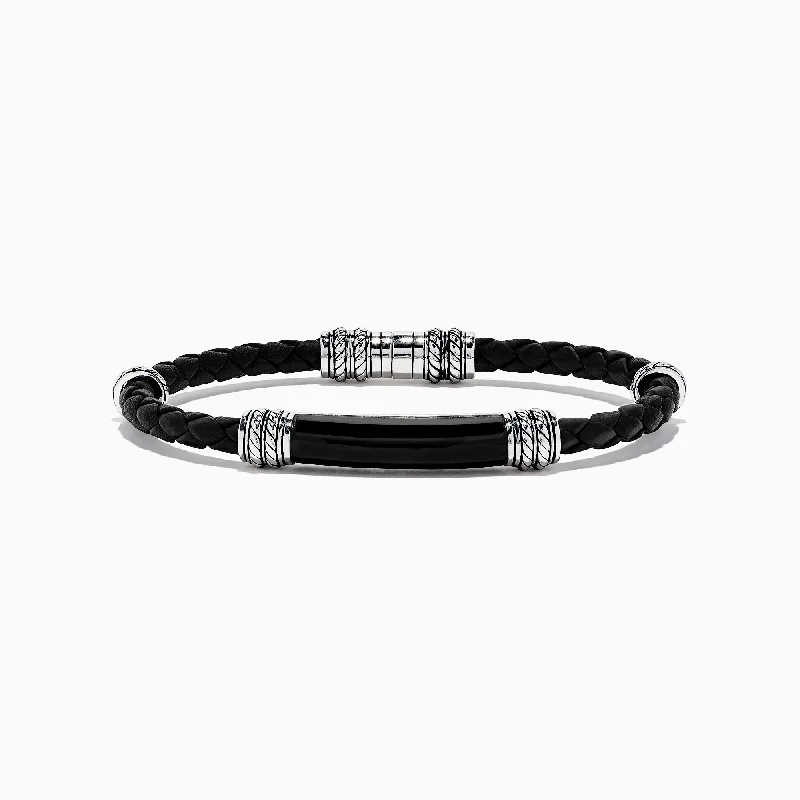 Double chain bracelets for layered looks-Men's Sterling Silver and Leather Onyx Bracelet, 13.00