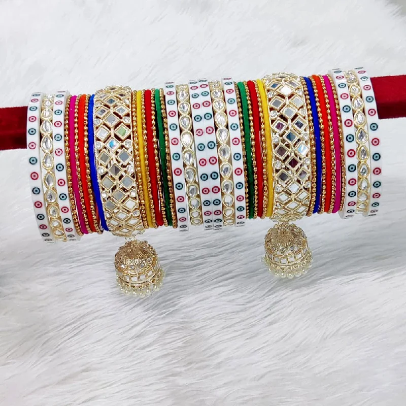 Wedding bangles for brides-Pooja Bangles Gold Plated Kundan And Mirror Bangles Set