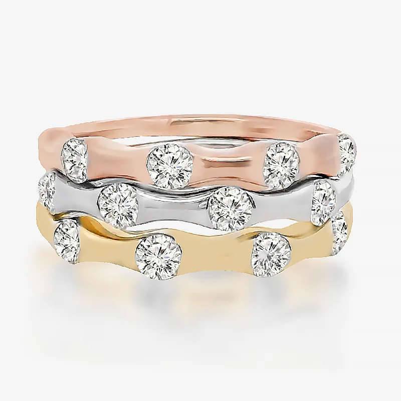 Adjustable silver rings for comfortable wear-Tricolored Stackable Diamond Burnished Ring