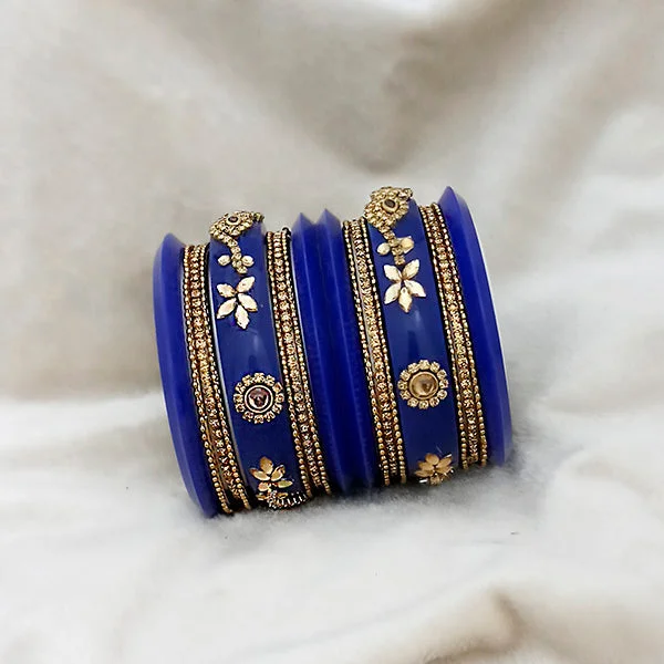 Personalized engraved bangle sets for matching gifts-Sejal Blue Color Austrian Stone Bangle Set  - 1403759E