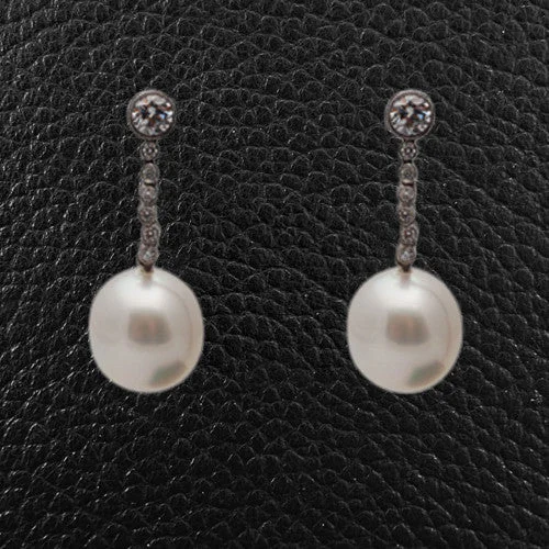 Custom engraved birthstone earrings for family gifts-Cultured Pearl & Diamond Dangle Earrings