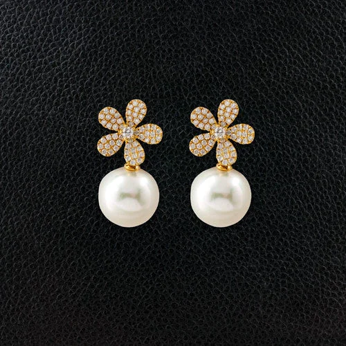 Chunky statement earrings for bold fashion-Diamond Flower Earrings with Pearl Drop