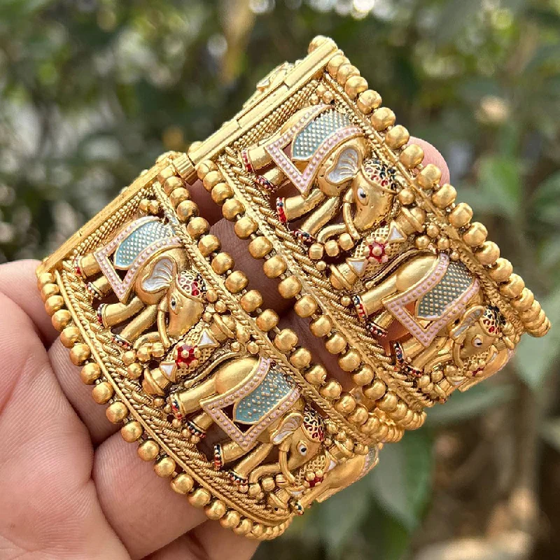 Stackable bangles for trendy layered looks-Neetu Art Gold Plated Pota Stone Elephant Shape Meenakari Openable Bangles Set